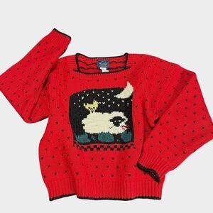 Vintage Woolrich Sheep Moon Novelty Knit Wool Sweater Red Black - Women’s Medium